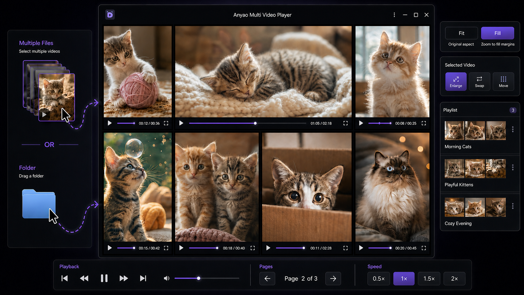 Anyao Multi Video Player showing multiple cat videos in a grid with playback, display, and playlist controls